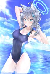 Rule 34 | 1girl, absurdres, animal ear fluff, animal ears, black one-piece swimsuit, blue archive, blue eyes, blue sky, breasts, cloud, competition swimsuit, covered navel, cross hair ornament, day, extra ears, grey hair, hair ornament, halo, highres, horizon, low ponytail, medium breasts, medium hair, mismatched pupils, multicolored clothes, multicolored swimsuit, ocean, one-piece swimsuit, outdoors, reneua, shiroko (blue archive), shiroko (swimsuit) (blue archive), sky, soaking feet, solo, swimsuit, water