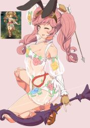 Rule 34 | 1girl, animal ears, archer (tree of savior), bow (weapon), character request, clearite, dress, kneeling, one eye closed, pink hair, rabbit ears, sarashi, see-through, see-through dress, translucent dress, tree of savior, twintails, weapon