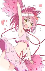 Rule 34 | 1girl, :d, arm up, armpits, bright pupils, cheerleader, heart, hinamori amu, ixy, looking at viewer, navel, open mouth, pink hair, pink skirt, pom pom (clothes), short hair, shugo chara!, simple background, skirt, smile, solo, teeth, thighs, upper teeth only, visor cap, white background, white pupils, yellow eyes