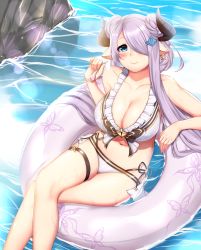 Rule 34 | 10s, 1girl, absurdres, animal print, bare arms, bikini, blue eyes, braid, breasts, butterfly earrings, butterfly print, cleavage, closed mouth, collarbone, crossed legs, draph, earrings, eyelashes, food, frills, from above, granblue fantasy, hair ornament, hair over one eye, highres, holding, holding spoon, horns, innertube, jewelry, large breasts, lens flare, light purple hair, long hair, looking at viewer, narmaya (granblue fantasy), narmaya (summer) (granblue fantasy), navel, one eye covered, oogatazin, pointy ears, purple hair, side-tie bikini bottom, sitting, smile, solo, spoon, stomach, swim ring, swimsuit, thigh strap, water, wet, white bikini