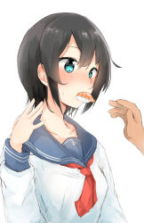 Rule 34 | 1boy, 1girl, black hair, blush, breasts, collarbone, commentary request, fish (food), food, food in mouth, hair between eyes, highres, long sleeves, looking away, mouth hold, neckerchief, nose blush, nosetissue, original, out of frame, red neckerchief, saliva, sashimi, school uniform, serafuku, shirt, sidelocks, simple background, sketch, small breasts, solo focus, sushi, sweat, white background, white shirt
