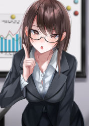 Rule 34 | 1girl, :o, absurdres, black-framed eyewear, black jacket, blazer, blueorbit hzmk, blurry, blurry background, blush, brown eyes, brown hair, collarbone, collared shirt, dress shirt, formal, glasses, hand up, highres, index finger raised, indoors, jacket, long hair, long sleeves, looking at viewer, office lady, open mouth, original, shirt, solo, standing, suit, white shirt, whiteboard