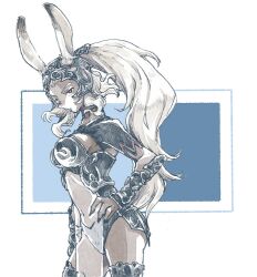 Rule 34 | 1girl, animal ears, blue background, boots, border, breasts, cowboy shot, dark-skinned female, dark skin, final fantasy, final fantasy xii, fran (ff12), hand on own hip, large breasts, long hair, looking at viewer, michibata 65, ponytail, rabbit ears, rabbit girl, red eyes, see-through, see-through shirt, sideboob, solo, standing, thigh boots, thighs, vambraces, viera, wavy hair, white border, white hair