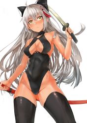 Rule 34 | 1girl, absurdres, ahoge, bare arms, bare shoulders, black thighhighs, bow, breasts, cleavage, closed mouth, contrapposto, covered navel, cowboy shot, dark-skinned female, dark skin, fate/grand order, fate (series), from below, gluteal fold, hair bow, hair ornament, halterneck, halterneck, highres, katana, koha-ace, leotard, long hair, majin saber, medium breasts, okita souji (fate), okita souji alter (fate), sawatari kazuma, sheath, silver hair, simple background, solo, standing, sweatdrop, sword, thighhighs, thighs, turtleneck, very long hair, weapon, white background, yellow eyes