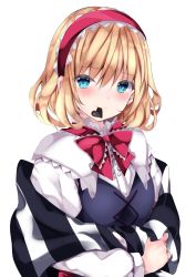 Rule 34 | 1girl, alice margatroid, bad id, bad pixiv id, black dress, blonde hair, blue eyes, bow, candy, chocolate, chocolate heart, closed mouth, collared shirt, dress, food, food in mouth, hair between eyes, hairband, heart, highres, long sleeves, looking at viewer, mouth hold, nanase nao, red bow, red hairband, shirt, simple background, sleeveless, sleeveless dress, smile, solo, touhou, upper body, white background, white shirt