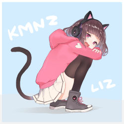 Rule 34 | 13o, 1girl, :3, animal ear headphones, animal ears, black thighhighs, blue background, border, brown hair, cat ear headphones, cat ears, cat tail, character name, copyright name, fake animal ears, fang, full body, grey footwear, headphones, heart, hood, hoodie, kmnz, lace, looking at viewer, mc liz, open mouth, paw print, pink eyes, pink hoodie, pleated skirt, shadow, shoes, short hair, simple background, skirt, sneakers, solo, squatting, tail, thighhighs, virtual youtuber, white border, white skirt
