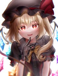Rule 34 | 1girl, absurdres, black gloves, blonde hair, fangs, flandre scarlet, gloves, halloween, hat, hat ribbon, highres, mob cap, multicolored wings, neck ribbon, open mouth, ribbon, side ponytail, simple background, sumishiro 8070, touhou, upper body, white background, wings