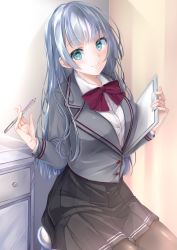 Rule 34 | 1girl, aqua eyes, black pantyhose, black skirt, blue hair, blush, bow, bowtie, clipboard, commentary, curtains, drawer, drop.b, grey jacket, highres, holding, holding clipboard, holding pen, indoors, jacket, light blue hair, long hair, looking at viewer, original, pantyhose, pen, pleated skirt, red bow, red bowtie, shirt, sidelocks, sitting, skirt, smile, solo, uniform, white shirt