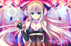 Rule 34 | 1girl, absurdly long hair, alternate costume, artist name, bare shoulders, blue eyes, child-box, choker, elbow gloves, fingerless gloves, gloves, headphones, long hair, looking at viewer, megurine luka, nose, open clothes, pink hair, signature, solo, song name, song request, very long hair, vocaloid
