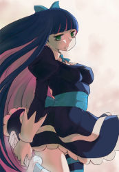 Rule 34 | 10s, 1girl, bad id, bad pixiv id, blue eyes, blue hair, bow, colored inner hair, dress, hair bow, long hair, matching hair/eyes, mochimomomo, multicolored hair, panty &amp; stocking with garterbelt, solo, stocking (psg), striped clothes, striped thighhighs, stripes i &amp; ii, sword, thighhighs, weapon