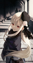 Rule 34 | 1boy, 2girls, black headwear, blonde hair, blue eyes, blush, capelet, commentary request, fate (series), flower, fur collar, gray (fate), hat, highres, indoors, long hair, long sleeves, looking at viewer, lord el-melloi ii, lord el-melloi ii case files, motto (night wear), multiple girls, open mouth, red eyes, reines el-melloi archisorte, smile, solo focus, waver velvet, white flower