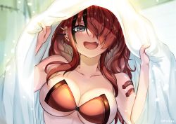 Rule 34 | 1girl, amadarel, artist name, bad id, bad pixiv id, bedroom, black hair, breasts, cleavage, collarbone, fang, grey eyes, lain paterson, large breasts, laughing, long hair, looking at viewer, multicolored hair, nijisanji, open mouth, portrait, red hair, smile, solo, under covers, upper body, virtual youtuber
