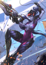 Rule 34 | 1girl, bodysuit, breasts, cable, center opening, colored skin, gun, head-mounted display, long hair, mashi2311, overwatch, overwatch 1, ponytail, purple hair, purple skin, rifle, sniper rifle, solo, very long hair, visor, weapon, widowmaker (overwatch), yellow eyes