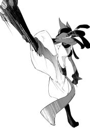 Rule 34 | atie1225, creatures (company), full body, game freak, gen 4 pokemon, greyscale, high kick, highres, kicking, looking at viewer, looking back, lucario, monochrome, nintendo, no humans, pokemon, pokemon (creature), see-through, simple background, solo, tail, white background