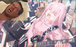 Rule 34 | 1boy, 1girl, amplifier, blush, bocchi the rock!, box, breasts, c4 art, checkered floor, chromatic aberration, closed eyes, commentary request, cube hair ornament, electric guitar, gotoh hitori, guitar, hair between eyes, hair ornament, holding, holding instrument, indoors, instrument, jacket, long hair, manatsu no yo no inmu, medium breasts, music, one side up, open mouth, pink hair, pink jacket, playing instrument, reference inset, track jacket, upper body, yajuu senpai
