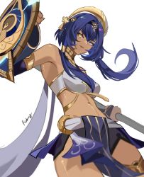 Rule 34 | 1girl, absurdres, artist name, bare shoulders, blue eyes, bridal gauntlets, candace (genshin impact), crop top, dark-skinned female, dark skin, egyptian clothes, eye of horus, floating hair, from below, genshin impact, hair ornament, hair over shoulder, hair tubes, heterochromia, highres, holding, holding polearm, holding shield, holding weapon, lips, looking at viewer, navel, parted lips, polearm, rudang, shield, short hair with long locks, simple background, solo, stomach, thighs, twintails, weapon, white background, yellow eyes