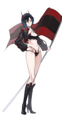 Rule 34 | 1girl, azur lane, black footwear, black hair, black panties, black shrug, boots, brooch, chinese commentary, closed mouth, commentary request, criss-cross halter, expressionless, flag, hair between eyes, halterneck, hand on own hip, high heel boots, high heels, highres, holding, holding flag, horns, jewelry, knee boots, legs, long legs, mechanical horns, navel, panties, race queen, short hair, shrug (clothing), simple background, slit pupils, solo, standing, stomach, swept bangs, ulrich von hutten (azur lane), ulrich von hutten (ignition matrician) (azur lane), underwear, white background, woshinizufu, yellow eyes, zipper panties