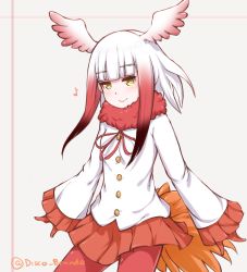 Rule 34 | 10s, 1girl, bird tail, disco brando, head wings, highres, japanese crested ibis (kemono friends), kemono friends, long sleeves, looking at viewer, multicolored hair, musical note, pantyhose, quaver, red hair, red ribbon, red thighhighs, ribbon, solo, tail, thighhighs, white hair, wings, yellow eyes