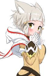 1girl absurdres animal_ears belt cat_ears cat_girl gloves grey_hair highres jumpsuit looking_at_viewer nia_(xenoblade) short_hair simple_background solo taiyaki_(powan_po40) upper_body white_background white_gloves xenoblade_chronicles_(series) xenoblade_chronicles_2 yellow_eyes yellow_jumpsuit