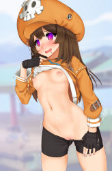 Rule 34 | 1girl, bike shorts, breasts, breasts out, clothes lift, drooling, guilty gear, hat, highres, hood, hoodie, hypnosis, shirt lift, may (guilty gear), mind control, nipples, no bra, no panties, pirate hat, pussy, silkycurve, small breasts, solo, tagme, textless version