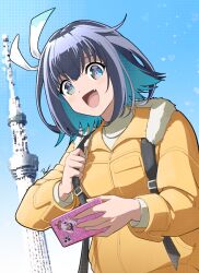 Rule 34 | 16bit sensation, 2girls, :d, akisato konoha, backpack, bag, blue eyes, blue hair, cellphone, colored inner hair, commentary, english commentary, fang, fur-trimmed jacket, fur trim, genshin impact, highres, holding, holding phone, jacket, koga aoi, medium hair, multicolored hair, multiple girls, open mouth, paimon (genshin impact), phone, rayanawolfer, signature, smartphone, smile, tokyo skytree, white hair, yellow jacket