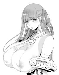Rule 34 | 1girl, areola slip, breasts, collar, fate/grand order, fate (series), greyscale, hair ribbon, huge breasts, lips, long hair, looking at viewer, monochrome, moopiekun, nipple slip, nipples, o-ring, o-ring top, passionlip (fate), passionlip (third ascension) (fate), ribbon, simple background, solo, upper body, white background