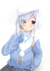Rule 34 | absurdres, akowazaki, alternate hairstyle, amane kanata, asymmetrical bangs, beret, blue hair, blue nails, blue sweater, blush, casual, colored inner hair, earrings, finger to mouth, grey hair, hair over one eye, hat, highres, hololive, index finger raised, jewelry, mismatched earrings, multicolored hair, nail polish, parted lips, pink hair, pom pom (clothes), pom pom earrings, purple eyes, ribbed sweater, shirt, short hair, sleeves past wrists, star (symbol), star earrings, streaked hair, sweater, swept bangs, turtleneck, virtual youtuber, white hat, white shirt