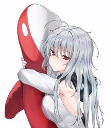 Rule 34 | 1girl, alternate costume, apple box (umruruu), arknights, bare shoulders, blush, breast press, breasts, closed mouth, from side, grey hair, highres, hood, hood down, long hair, long sleeves, looking at viewer, looking to the side, medium breasts, hugging object, red eyes, shirt, simple background, skadi (arknights), solo, stuffed orca, upper body, white background, white shirt