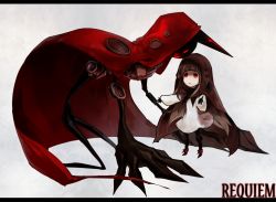 Rule 34 | 1girl, ankle boots, boots, deemo, deemo (character), dress, girl (deemo), height difference, hood, lestored cro, looking up, pantyhose, red eyes, song name, standing