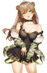 Rule 34 | 1girl, :d, ahoge, bad id, bad twitter id, bare shoulders, black dress, bow, breasts, brown hair, camouflage, camouflage jacket, choker, collarbone, cowboy shot, double bun, dress, fur trim, girls&#039; frontline, green eyes, hair between eyes, hair bow, hair bun, head tilt, highres, jacket, long hair, long sleeves, looking at viewer, medium breasts, mery (yangmalgage), off shoulder, open clothes, open jacket, open mouth, rfb (girls&#039; frontline), simple background, sleeveless, sleeveless dress, smile, solo, strap slip, thighs, white background