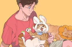 Rule 34 | 1boy, animal, animal ears, black hair, brown eyes, cat, glasses, green shorts, highres, holding, holding animal, holding cat, ke (ke sd), male focus, multiple cats, original, rabbit ears, red shirt, shirt, shorts, simple background, sitting, t-shirt, yellow background