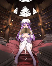 Rule 34 | 1girl, aftersex, blush, book, bookshelf, bow, breasts, covering own mouth, crescent, cum, cum in pussy, cumdrip, frilled pillow, frills, hair bow, hair censor, hair over breasts, hat, highres, large breasts, library, long hair, looking at viewer, patchouli knowledge, pillow, purple eyes, purple hair, revision, room, sitting, solo, thighhighs, touhou, voile, white thighhighs, zaxwu