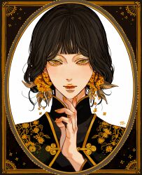 Rule 34 | 1boy, absurdres, blunt bangs, border, brown hair, closed mouth, commentary, earrings, finger to own chin, fingernails, floral print, flower, flower earrings, gold osmanthus, hand up, high collar, highres, jewelry, kagoya1219, lips, lipstick, looking at viewer, makeup, nail polish, original, ornate border, portrait, sanpaku, short hair, signature, simple background, solo, straight-on, white background, yellow eyes, yellow flower, yellow lips, yellow nails
