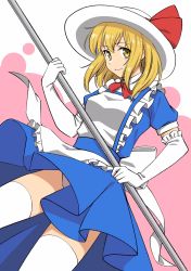 Rule 34 | 1girl, apron, back bow, blonde hair, blue dress, bow, closed mouth, dress, elbow gloves, frilled apron, frills, gloves, haramin3, hat, hat bow, highres, kana anaberal, panties, pantyshot, puffy short sleeves, puffy sleeves, red bow, red neckwear, short hair, short sleeves, smile, sun hat, thighhighs, touhou, touhou (pc-98), underwear, white apron, white bow, white hat, white thighhighs, yellow eyes