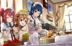 Rule 34 | 10s, 3girls, :d, ;), ^ ^, apron, badge, basket, birthday cake, blue hair, blush, bonnet, bookshelf, bread, brown eyes, brown hair, button badge, cake, cake slice, center frills, chair, clock, closed eyes, corset, cup, curtains, detached sleeves, flower, food, frills, hair bun, hair flower, hair ornament, happy, heart, heart hair ornament, highres, indoors, kunikida hanamaru, kurosawa ruby, long hair, love live!, love live! school idol festival, love live! sunshine!!, maid, maid headdress, multiple girls, necktie, one eye closed, open mouth, orein, own hands together, painting (object), pastry, photo (object), purple eyes, red flower, red hair, red rose, rose, short sleeves, side bun, single hair bun, single side bun, sleeveless, smile, steepled fingers, sweets, table, teacup, teapot, tiered tray, tsushima yoshiko, two side up, waist apron, wall clock, window, wristband