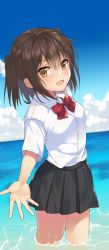 Rule 34 | 1girl, :d, black skirt, blue sky, blush, bow, bowtie, breasts, brown eyes, brown hair, cloud, collared shirt, day, hair between eyes, highres, kantai collection, looking at viewer, medium hair, miniskirt, ocean, open mouth, outdoors, outstretched hand, pleated skirt, red bow, red bowtie, red ribbon, ribbon, sendai (kancolle), shirt, short sleeves, skirt, sky, small breasts, smile, solo, two side up, wading, water, wet, white shirt, wing collar, yuzuttan