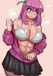 Rule 34 | 1girl, abs, alternate muscle size, bare shoulders, black skirt, blue eyes, blush, bocchi the rock!, breasts, cleavage, collarbone, cowboy shot, cube hair ornament, ezzydraws, flying sweatdrops, gotoh hitori, hair between eyes, hair ornament, hand up, highres, jacket, large breasts, long hair, long sleeves, muscular, muscular female, one side up, pantyhose, patreon username, pink hair, pink jacket, pleated skirt, shiny skin, sideways glance, skirt, solo, sweat, track jacket, unzipping, watermark, web address