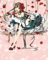 Rule 34 | 1girl, :d, apple, bent over, breasts, brown eyes, brown hair, cleavage, elbow gloves, flower, flower on head, food, frilled skirt, frills, fruit, gloves, hair flower, hair ornament, high heels, highres, holding, keepout, leaning forward, long hair, looking at viewer, medium breasts, no socks, open mouth, original, rose, simple background, sitting, skirt, smile, solo, soramu, white gloves