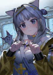 Rule 34 | 1girl, animal ears, arknights, bare shoulders, blush, breasts, cat, cat ears, closed mouth, dress, grey dress, grey hair, grey hairband, hair bun, hairband, highres, holding, holding weapon, jacket, jewelry, kazemaru (arknights), long hair, long sleeves, looking at viewer, off shoulder, open clothes, open jacket, origami, purple eyes, ring, shuriken, single hair bun, single side bun, small breasts, solo, upper body, wanko (realsight), weapon, yellow jacket