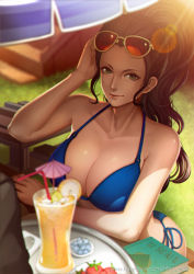 Rule 34 | 1girl, artist name, bare shoulders, bendy straw, bikini, black hair, blue bikini, blurry, book, breasts, cleavage, closed mouth, cocktail, cocktail umbrella, collarbone, cup, day, depth of field, drink, drinking glass, drinking straw, elbow rest, eyelashes, eyewear on head, facebook username, female focus, food, fruit, glass, glasses, grass, green eyes, hair slicked back, halterneck, hand on own head, hand up, high ponytail, huge breasts, juice, korean text, large breasts, lens flare, light smile, lips, lipstick, long hair, looking at viewer, magion02, makeup, nico robin, no bangs, nose, one piece, orange (fruit), orange juice, orange slice, outdoors, parasol, ponytail, side-tie bikini bottom, signature, sitting, smile, solo, stairs, strawberry, string bikini, sunglasses, sunlight, swimsuit, table, text focus, tray, triangle, umbrella, watermark, web address