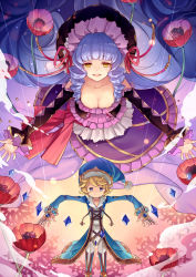 Rule 34 | 1girl, :d, achan (blue semi), blonde hair, blue eyes, blue hat, blush, bonnet, breasts, brown eyes, cleavage, closed mouth, collarbone, curly hair, dress, floating hair, flower, gem, granblue fantasy, hat, highres, long hair, long sleeves, looking at viewer, medium breasts, morphe (granblue fantasy), oneiros (granblue fantasy), open mouth, outstretched arms, phoebe (granblue fantasy), puppet, puppet strings, purple hair, short hair, smile, standing, very long hair