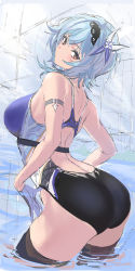Rule 34 | 1girl, absurdres, ass, ass focus, blue hair, breasts, brown eyes, brown thighhighs, closed mouth, competition swimsuit, eula (genshin impact), from behind, genshin impact, gloves, hair ornament, highres, large breasts, looking at viewer, looking back, medium hair, one-piece swimsuit, sketch, solo, swimsuit, thighhighs, thighs, ulrich (tagaragakuin), wading