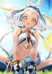 Rule 34 | 1girl, :o, aqua headband, bare shoulders, blue hair, blue hairband, blue sky, blush, braid, breasts, commentary, day, genshin impact, grass, hairband, haruna (hrnrnh), hawaiian clothes, highres, light blue hair, long hair, looking at viewer, low twin braids, mualani (genshin impact), navel, on grass, on ground, open mouth, outdoors, red eyes, sky, solo, symbol-only commentary, symbol-shaped pupils, tan, tanline, twin braids