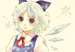 Rule 34 | 1girl, bad id, bad pixiv id, blue eyes, bow, cirno, hair bow, ice, ice wings, lowres, painting (medium), shiroma (mamiko), short hair, silver hair, snowflakes, solo, touhou, traditional media, watercolor (medium), wings