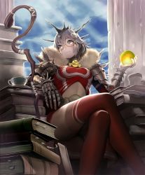 Rule 34 | 10s, apple, armor, artist request, book, bookmark, cup, cygames, day, dragon girl, dragonewt scholar, food, fruit, fur trim, gauntlets, glasses, grey eyes, hair ornament, holding, holding food, holding fruit, horns, official art, pile of books, pillar, shadowverse, shingeki no bahamut, sitting, solo, staff, teacup, thighhighs, white hair
