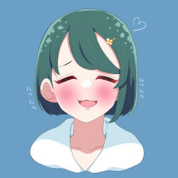 Rule 34 | 1girl, :d, alternate hairstyle, blue background, blush, closed eyes, facing viewer, green hair, hair ornament, hairclip, heart, highres, indie virtual youtuber, open mouth, portrait, simple background, smile, solo, sumi suya, sunao na kapipara, virtual youtuber