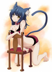 Rule 34 | 1girl, ahoge, animal ears, arched back, arm support, bare legs, barefoot, blue hair, blush, bra, cat ears, cat tail, chair, collar, kneeling, lingerie, mole, mole under eye, original, panties, red bra, red panties, shinonome haru, smile, solo, strap slip, tail, underwear, underwear only, yellow eyes