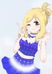 Rule 34 | 1girl, ;), alternate hairstyle, aqua background, artist name, artist request, black detached collar, blonde hair, blue choker, blue dress, blue skirt, blush, braid, breasts, brown eyes, checkered clothes, checkered dress, choker, clenched hand, collarbone, crown braid, detached collar, dress, earrings, female focus, flower print, frilled dress, frills, green eyes, hair ribbon, highres, jewelry, let&#039;s go wonder trip, looking at viewer, love live!, love live! school idol festival, love live! sunshine!!, medium breasts, ohara mari, one eye closed, parted lips, pearl earrings, ribbon, short hair, short sleeves, skirt, smile, smile smile ship start!!, solo, twintails, two side up, white ribbon, yellow eyes