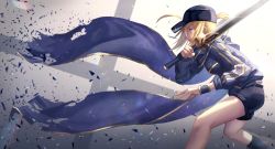Rule 34 | 1girl, artoria pendragon (fate), black hat, black legwear, black shorts, blonde hair, blue jacket, blue scarf, fate/grand order, fate (series), floating hair, from side, hat, highres, holding, holding sword, holding weapon, jacket, long hair, mysterious heroine x (fate), ponytail, scarf, short shorts, shorts, solo, suraimu (suraimuraimu), sword, torn clothes, torn scarf, weapon, wrist cuffs