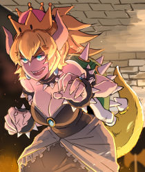 Rule 34 | 1girl, :d, bare shoulders, blonde hair, blue eyes, blush, bowsette, bracelet, breasts, butcha-u, cleavage, collar, crown, dress, earrings, forked eyebrows, highres, horns, jewelry, large breasts, long hair, mario (series), nintendo, open mouth, shell, sleeveless, sleeveless dress, smile, solo, spiked bracelet, spiked collar, spikes, super crown, tail, teeth, turtle shell